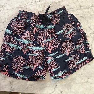 Vilebrequin  Sz 6 Swim Trunks Navy Blue w pink coral & light blue fish pattern.